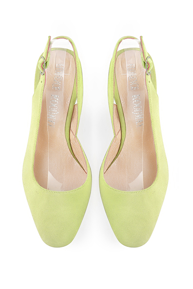 Women's pistachio green elegant slingback heels. Round toe. Medium flare heels - Top view